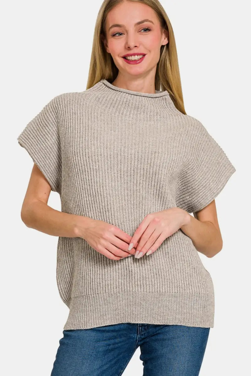 Mocha / S - Short Sleeve Mock Neck Sweater - Sweater - Zenana - Winter Collection