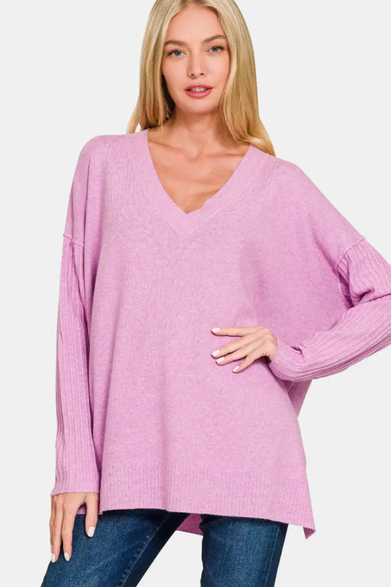 Pink / S/M - V-Neck Side Slit High-Low Sweater - Sweater - Zenana - Winter Collection