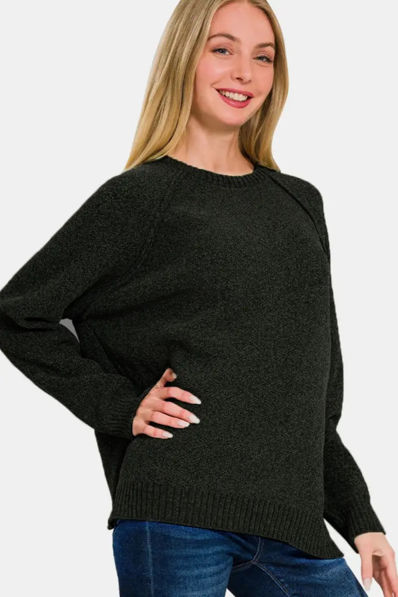 Side Slit Raglan Sleeve Sweater - Sweater - Zenana - Winter Collection