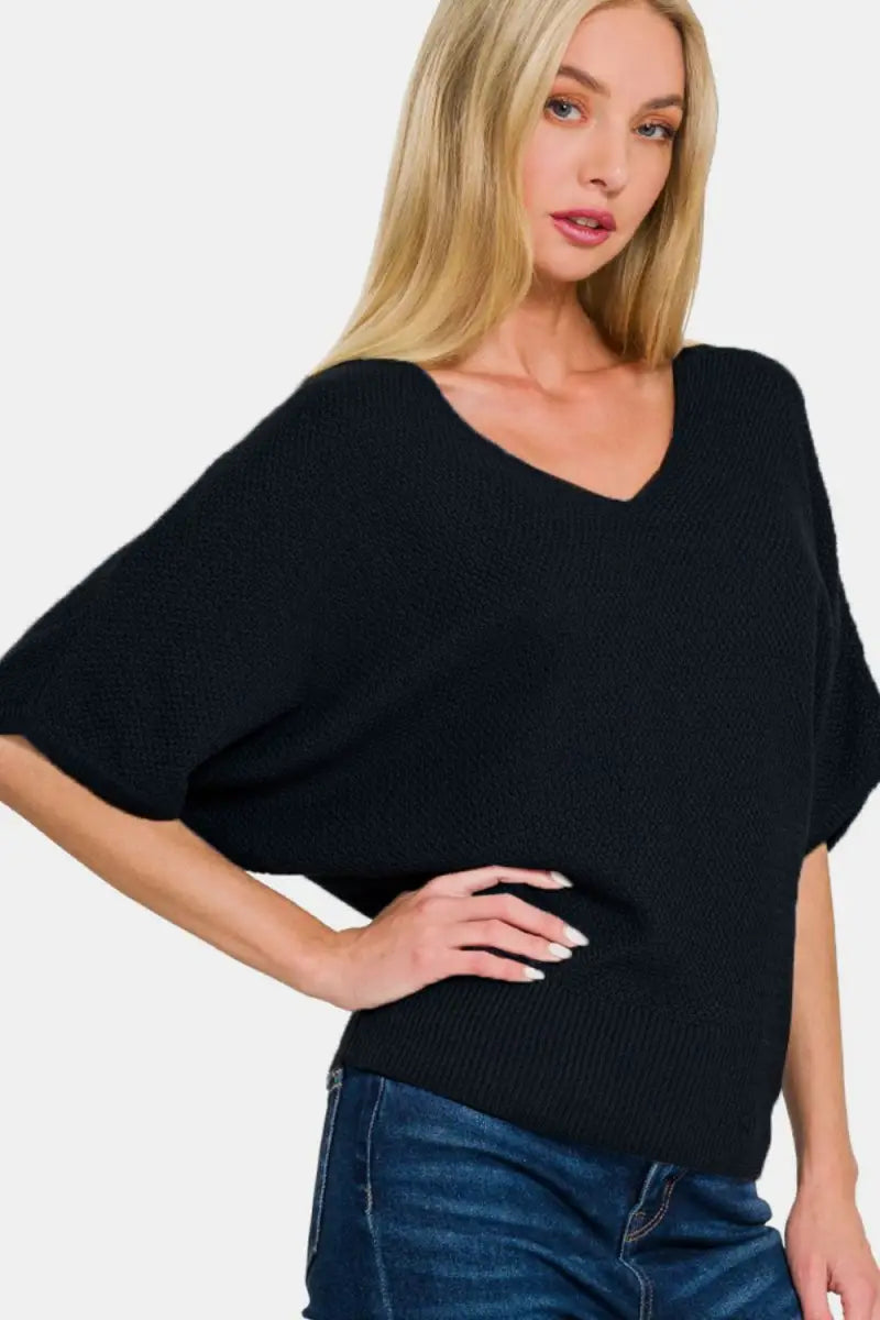 V-Neck Short Sleeve Dolman Sweater - Sweater - Zenana - Winter Collection