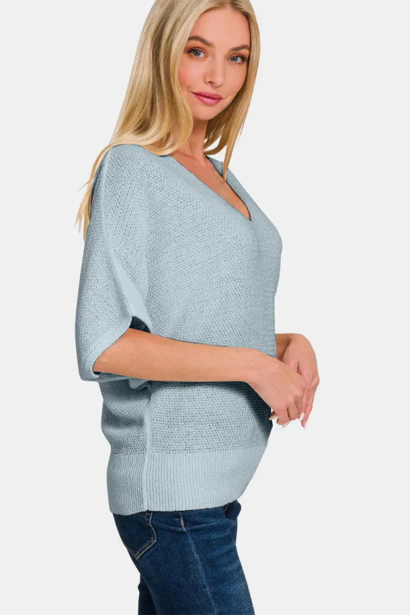 V-Neck Short Sleeve Dolman Sweater - Sweater - Zenana - Winter Collection