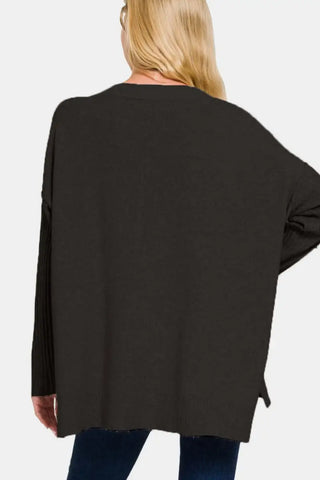 V-Neck Side Slit High-Low Sweater - Sweater - Zenana - Winter Collection