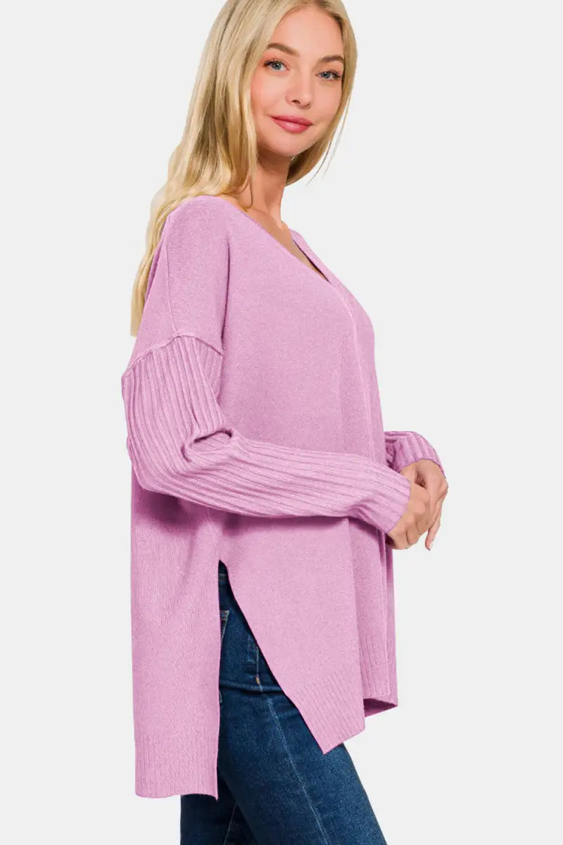 V-Neck Side Slit High-Low Sweater - Sweater - Zenana - Winter Collection