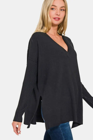 V-Neck Side Slit High-Low Sweater - Sweater - Zenana - Winter Collection