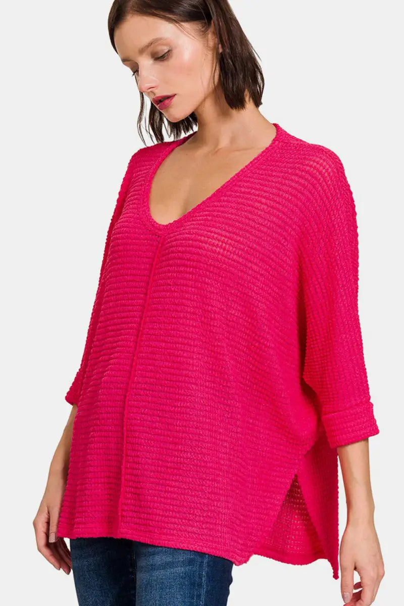 Viva Magenta / S/M - V-Neck High-Low Jacquard Knit Top - Sweater - Zenana - Winter Collection