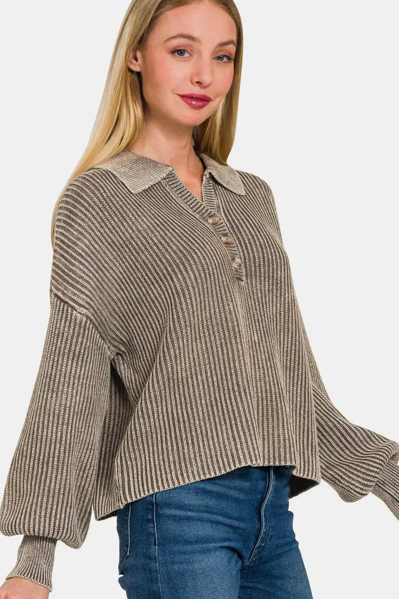 Washed Half Button Long Sleeve Sweater - Sweater - Zenana - Winter Collection