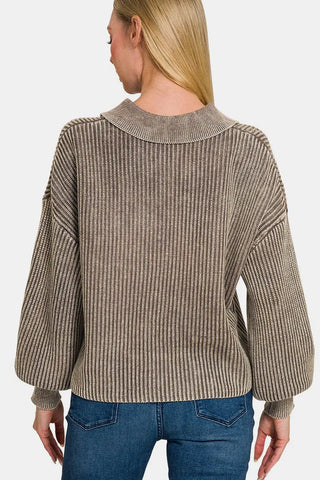 Washed Half Button Long Sleeve Sweater - Sweater - Zenana - Winter Collection