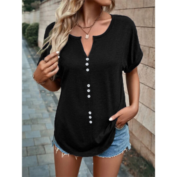 V-Neck Short Sleeve Tops Shirt Summer Button Design Blouse - Image 2