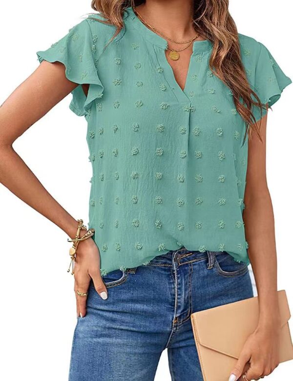 Women Summer V Neck Ruffle Short Sleeve Blouse Dot Flowy Shirt Top - Image 6