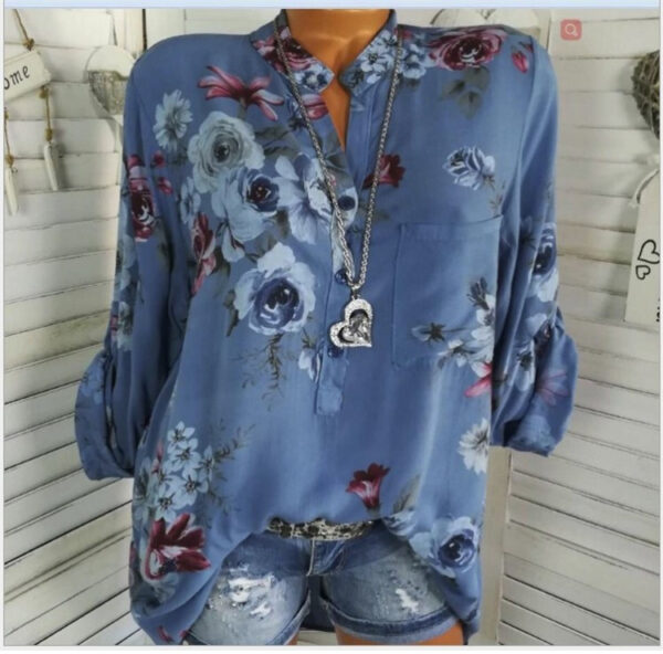 5Xl Plus Size Summer Tops Women Blouses Long Sleeve Print Stand Collar Button Blouse Pullover - Image 4