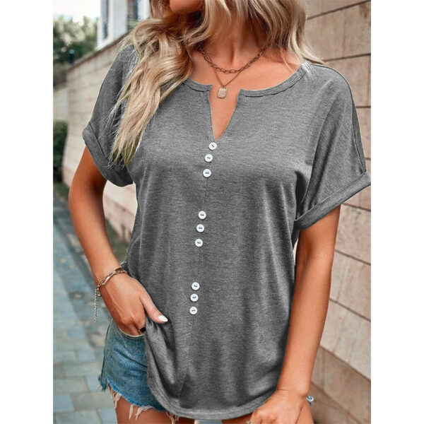 V-Neck Short Sleeve Tops Shirt Summer Button Design Blouse - Image 3