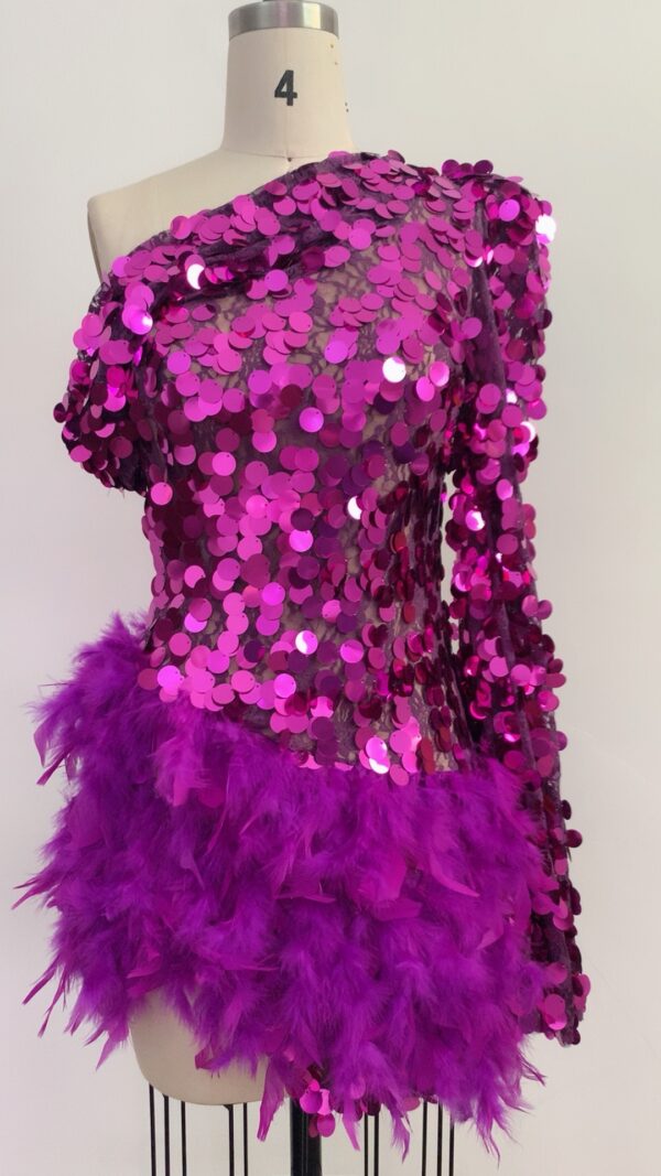 Purple Sequined Feather Skirt One-Shoulder Sleeve Short Dress - Luxury Party Dress - Image 9