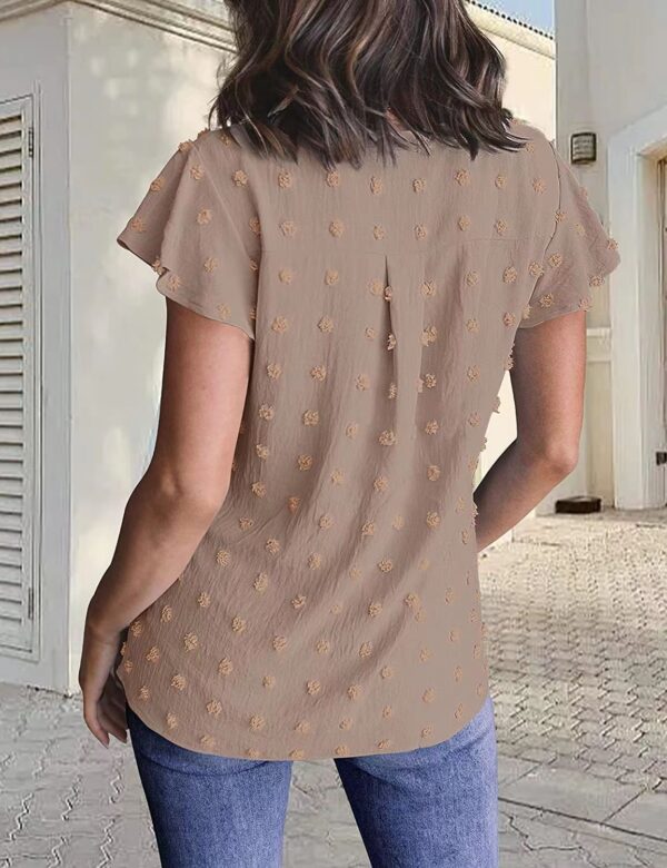 Women Summer V Neck Ruffle Short Sleeve Blouse Dot Flowy Shirt Top - Image 9