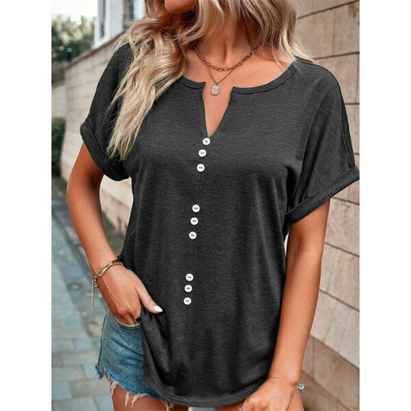 V-Neck Short Sleeve Tops Shirt Summer Button Design Blouse - Image 7