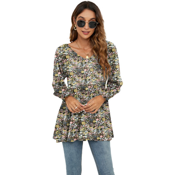 Long Puff Sleeve Tops Women - Flowers Print Casual V-Neck Blouse T-Shirts Babydoll Tops - Image 2