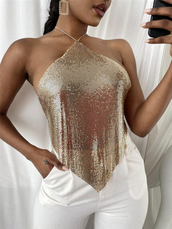 New Solid Color Metal Sexy Hot Girl Halter Sequin Sling Top For Women - Image 3