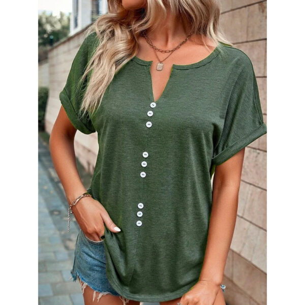 V-Neck Short Sleeve Tops Shirt Summer Button Design Blouse - Image 4