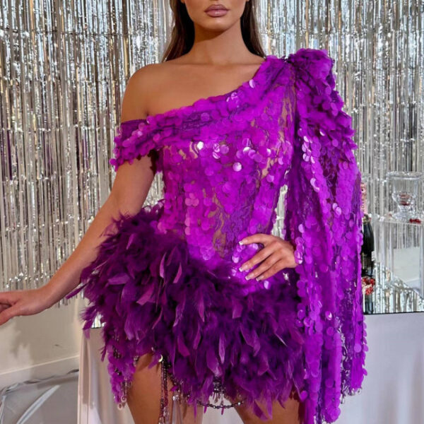 Purple Sequined Feather Skirt One-Shoulder Sleeve Short Dress - Luxury Party Dress