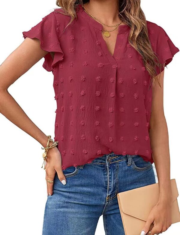 Women Summer V Neck Ruffle Short Sleeve Blouse Dot Flowy Shirt Top - Image 4