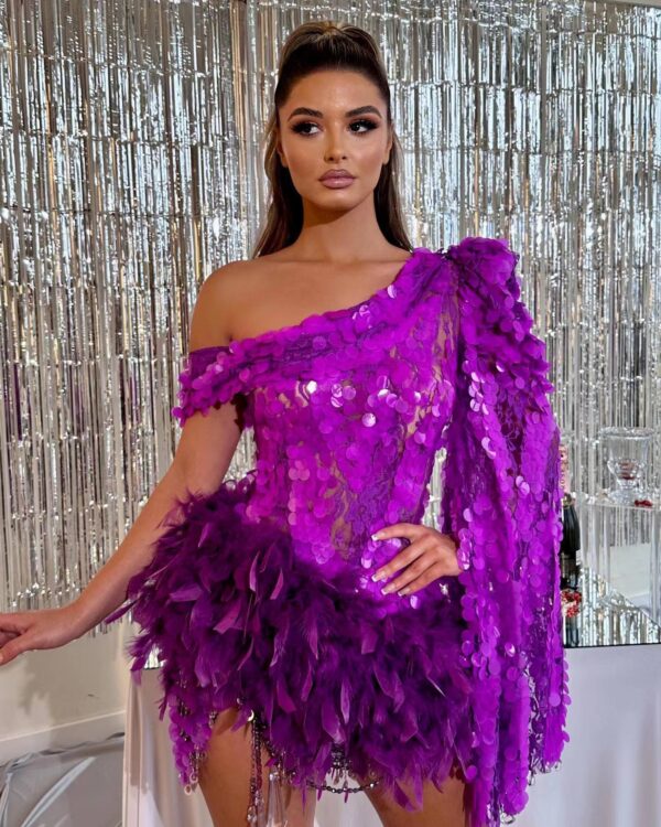 Purple Sequined Feather Skirt One-Shoulder Sleeve Short Dress - Luxury Party Dress - Image 10