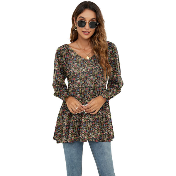 Long Puff Sleeve Tops Women - Flowers Print Casual V-Neck Blouse T-Shirts Babydoll Tops - Image 6