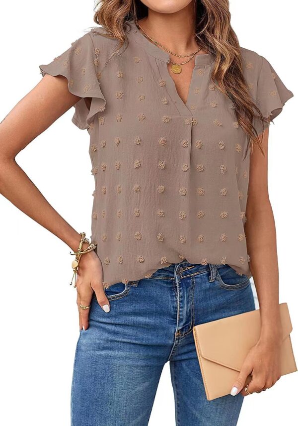 Women Summer V Neck Ruffle Short Sleeve Blouse Dot Flowy Shirt Top - Image 3