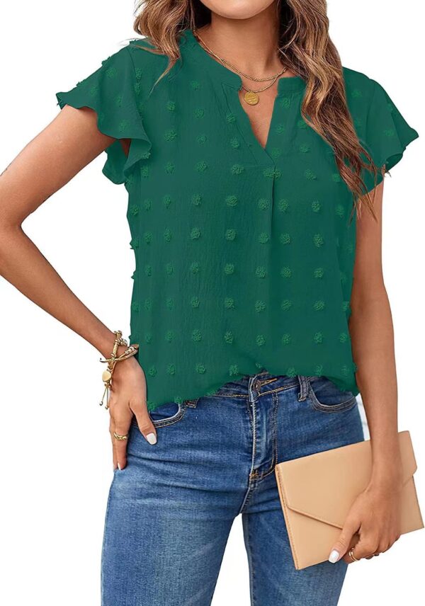 Women Summer V Neck Ruffle Short Sleeve Blouse Dot Flowy Shirt Top - Image 8