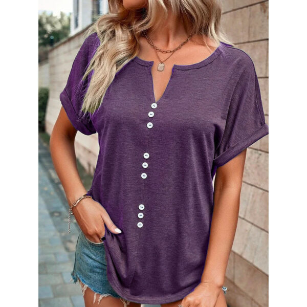 V-Neck Short Sleeve Tops Shirt Summer Button Design Blouse - Image 6