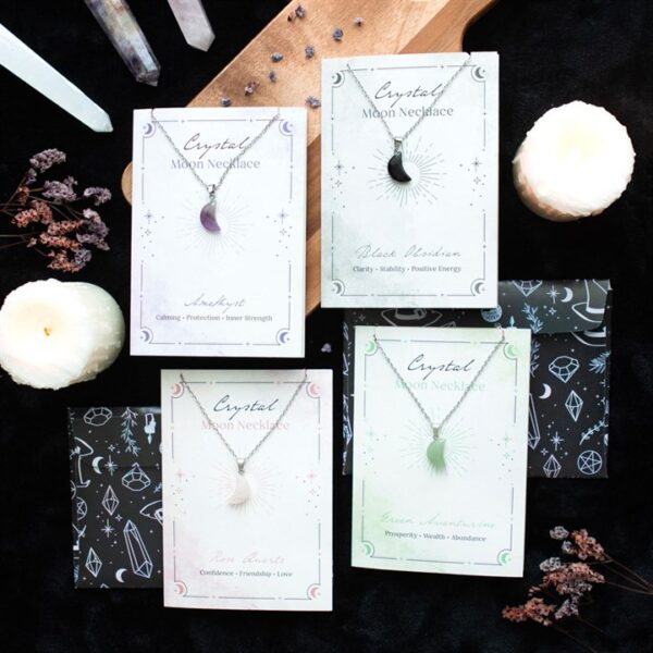 Green Aventurine Crystal Moon Necklace On Greeting Card - Image 6