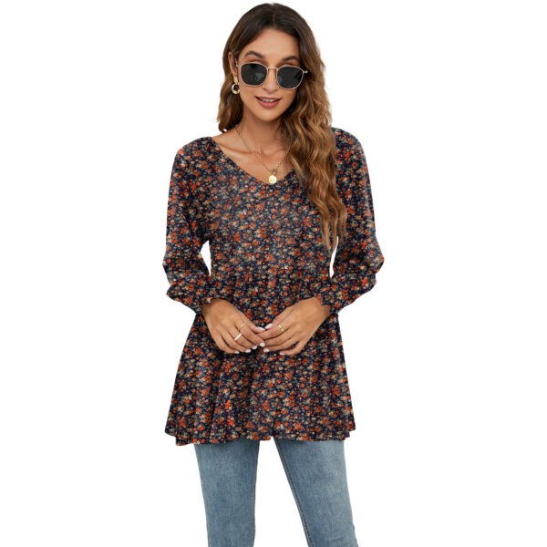 Long Puff Sleeve Tops Women - Flowers Print Casual V-Neck Blouse T-Shirts Babydoll Tops - Image 4