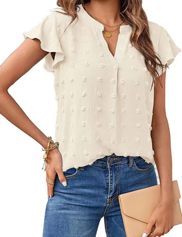 Women Summer V Neck Ruffle Short Sleeve Blouse Dot Flowy Shirt Top - Image 5