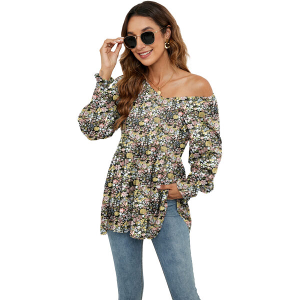 Long Puff Sleeve Tops Women - Flowers Print Casual V-Neck Blouse T-Shirts Babydoll Tops - Image 3