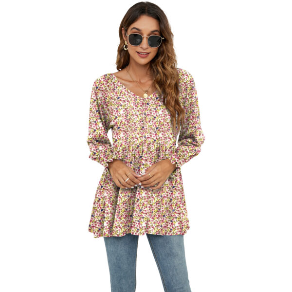 Long Puff Sleeve Tops Women - Flowers Print Casual V-Neck Blouse T-Shirts Babydoll Tops - Image 8