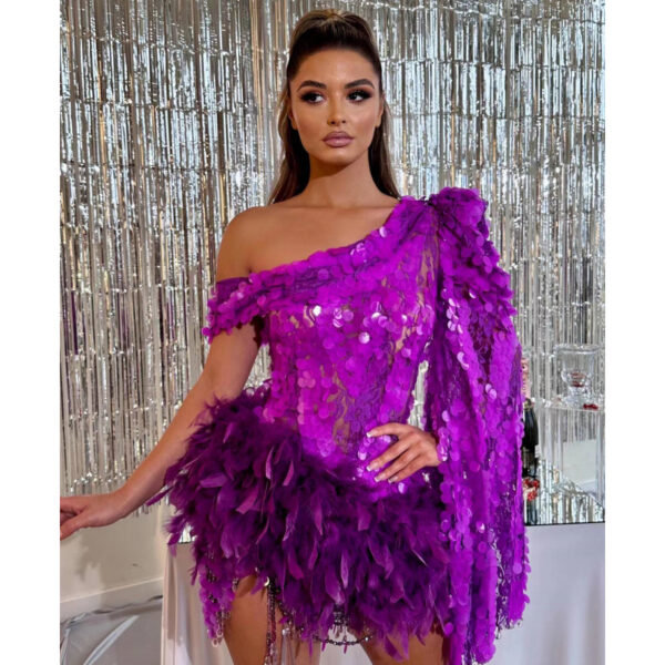 Purple Sequined Feather Skirt One-Shoulder Sleeve Short Dress - Luxury Party Dress - Image 3