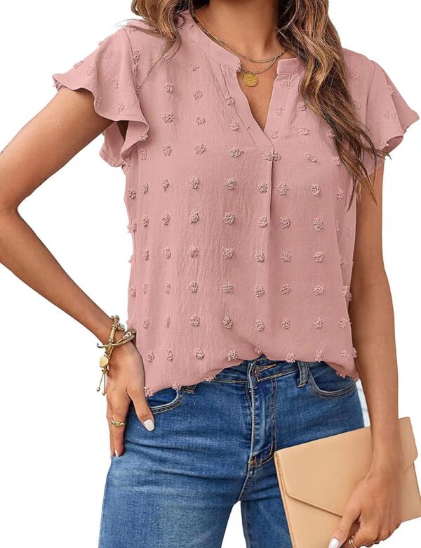 Women Summer V Neck Ruffle Short Sleeve Blouse Dot Flowy Shirt Top - Image 7