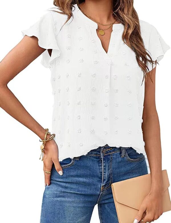 Women Summer V Neck Ruffle Short Sleeve Blouse Dot Flowy Shirt Top - Image 10