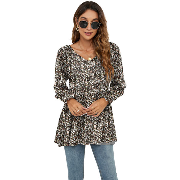 Long Puff Sleeve Tops Women - Flowers Print Casual V-Neck Blouse T-Shirts Babydoll Tops - Image 5