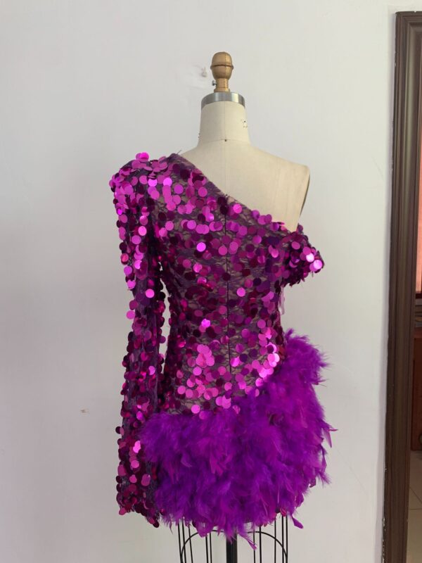 Purple Sequined Feather Skirt One-Shoulder Sleeve Short Dress - Luxury Party Dress - Image 5