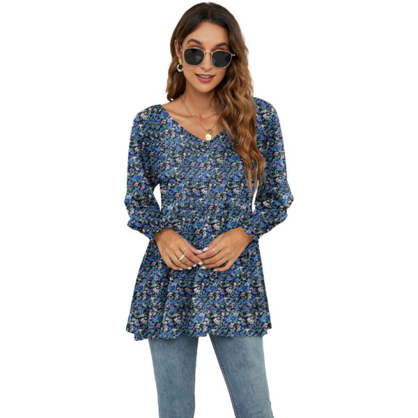 Long Puff Sleeve Tops Women - Flowers Print Casual V-Neck Blouse T-Shirts Babydoll Tops