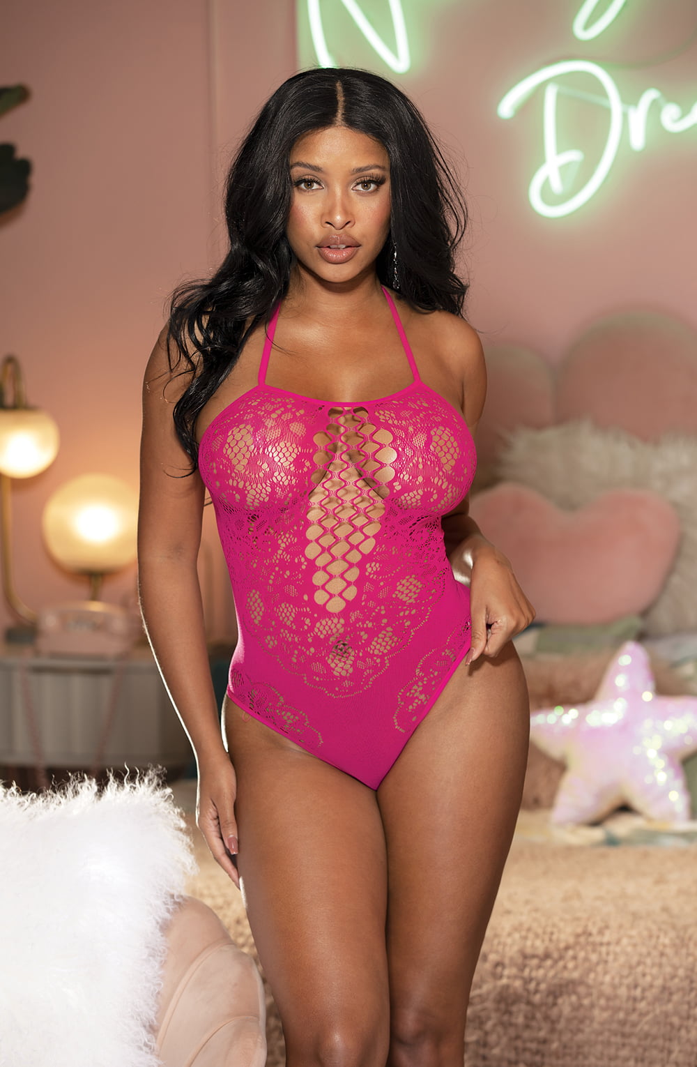a woman in a pink lingerie posing for a picture, hot pink teddy